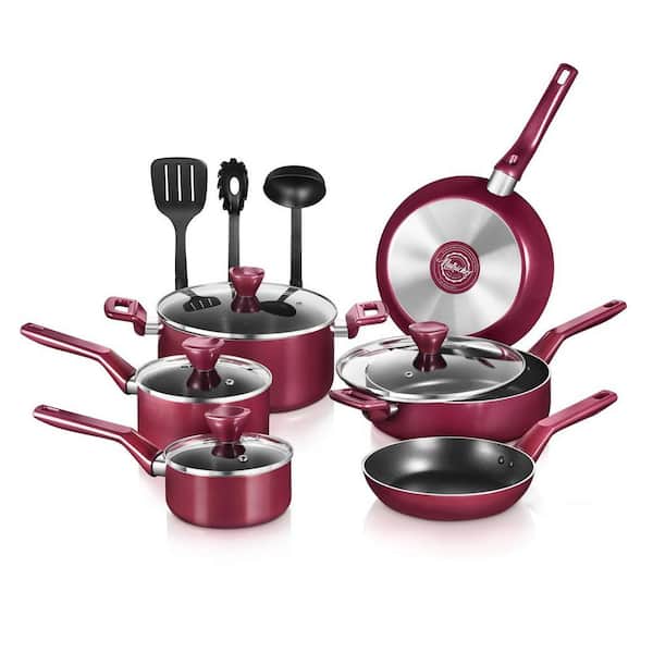 NutriChef 13-Piece Aluminum Cookware Set Non-Stick in Red