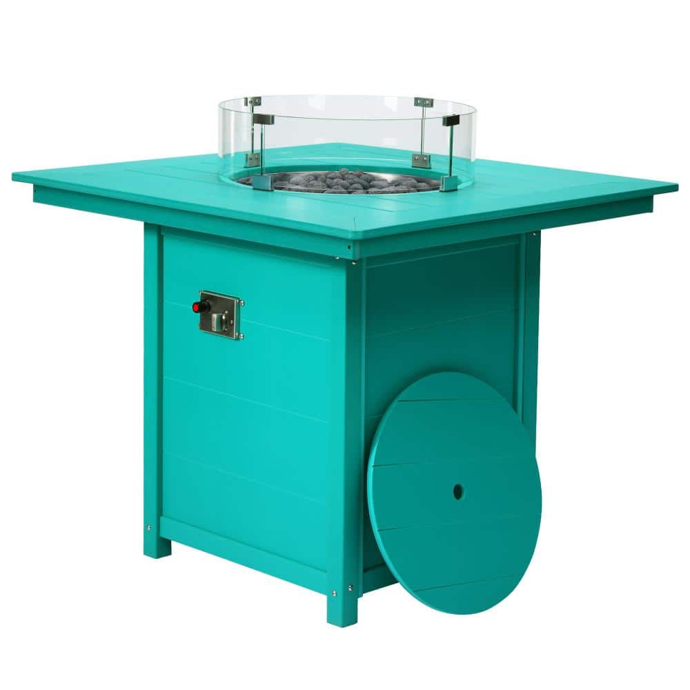 "Bloomfield Square 42"" Outdoor Propane Gas Counter Fire Pit Table with Glass Wind Guard Lid and Lava Rocks, Turquoise" price history on PriceWatchPro