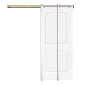 30 in. x 80 in. White Painted Composite MDF 2Panel Round Top Sliding Door with Pocket Door Frame and Hardware Kit
