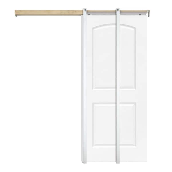 CALHOME 36 in. x 80 in. White Painted Composite MDF 2Panel Round Top Sliding Door with Pocket Door Frame and Hardware Kit