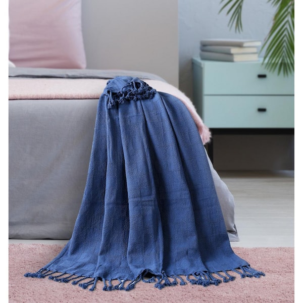 Unbranded Woven 50 in. x 60 in. Navy Blue Solid Checkered Cotton Fringe Throw Blanket