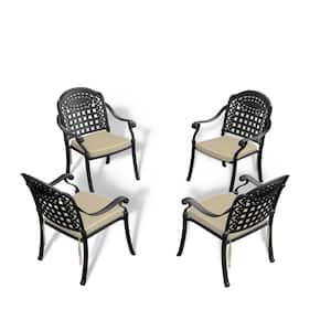 Classic Cast Aluminum Outdoor Dining Chairs with Black Frame and Random Color Cushions (4-Pieces)