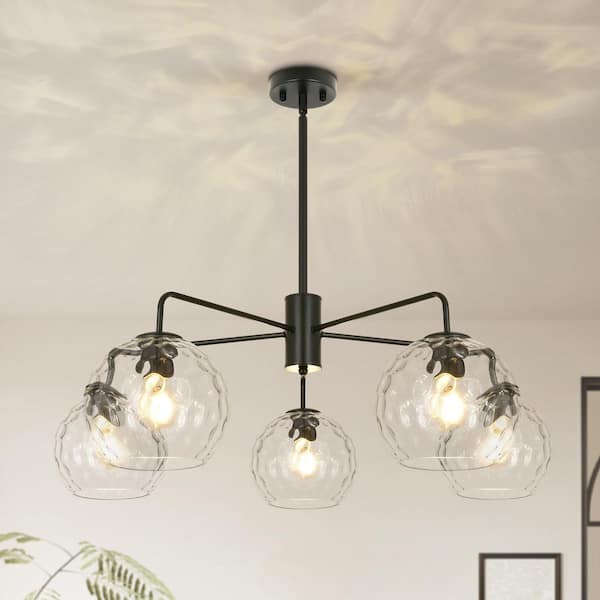 Jasslynn 5-Light Black Modern Pendant Light with Hammered Glass Shades for Bedroom, Living Room and Kitchen