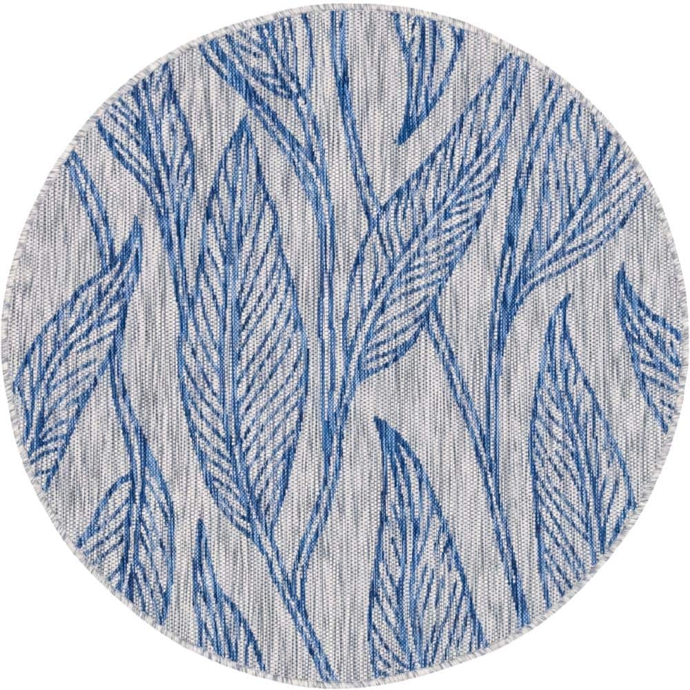 Light Gray Round Synthetic Outdoor Area Rug, 4 ft