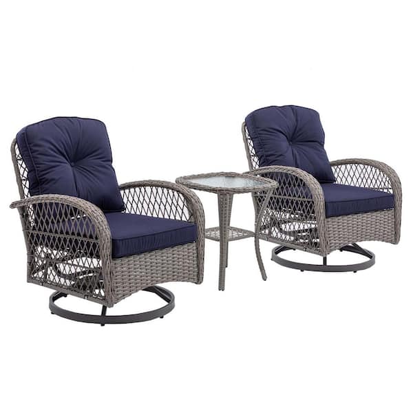 Tunearary 3-Piece Gray Wicker Modern Furniture Outdoor Conversation Swivel Chair Set With a Table and Navy Blue Cushion