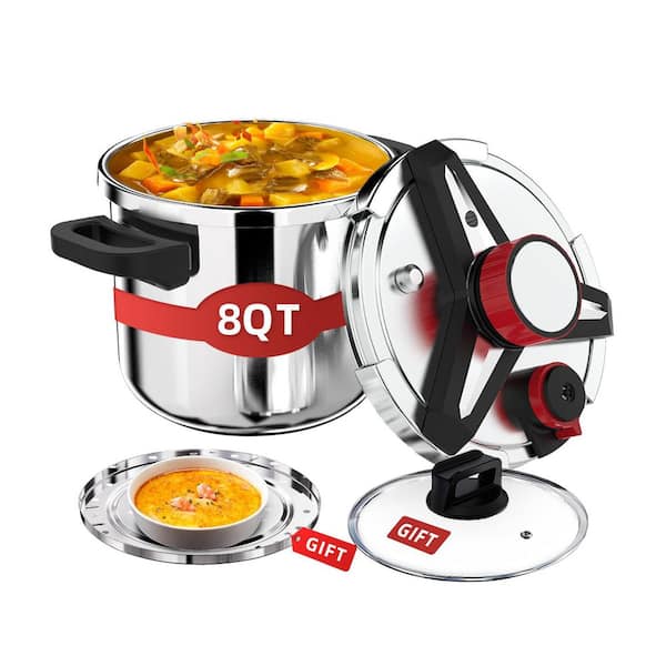 Stainless Steel Pressure Cooker 8 qt. Silver 3 Pressure Settings 1-Hand Locking Glass Lid Steamer