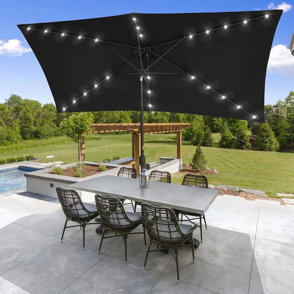 Sonkuki Solar LED 10 ft. x 6.5 ft. Aluminum Patio Rectangle Market Umbrella in Black with Push-Button Tilt