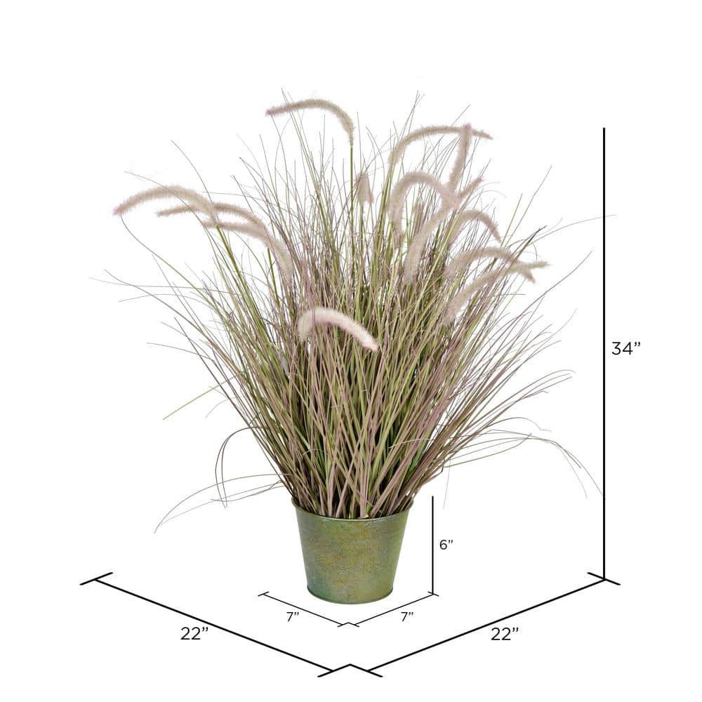 34" Potted Green and White Artificial Grass with Cattails in Iron Pot
