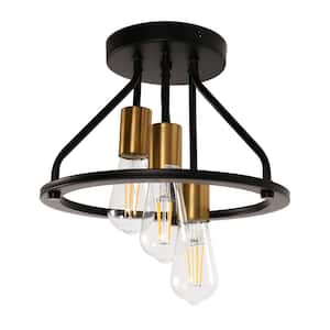 12 in. 3-Light Matte Black and Gold Industrial Cluster Semi-Flush Mount, Farmhouse Ceiling Lamp for Entryway Hallway