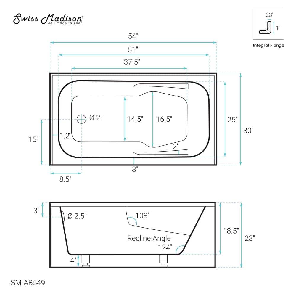 Voltaire 54" White Acrylic Alcove Bathtub with Apron