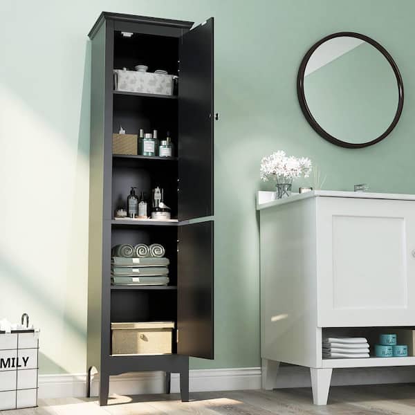 Tall Bathroom Floor Cabinet with Shutter Doors and Adjustable Shelf-Black | Costway