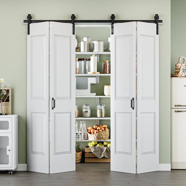 72 in. x 84 in. Easy Install 4-Panel White Primed MDF Composite Bi-Fold Sliding Barn Door with Hardware Kit and Handle