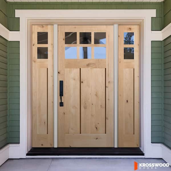 64 in. x 80 in. Knotty Alder Right-Hand/Inswing 6 Lite Beveled Clear Glass Unfinished Wood Prehung Front Door with DSL