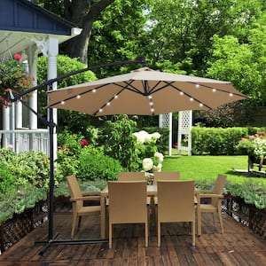 10 ft. Steel Round Outdoor Patio Cantilever Umbrella with LED Lights and Metal Base in Beige