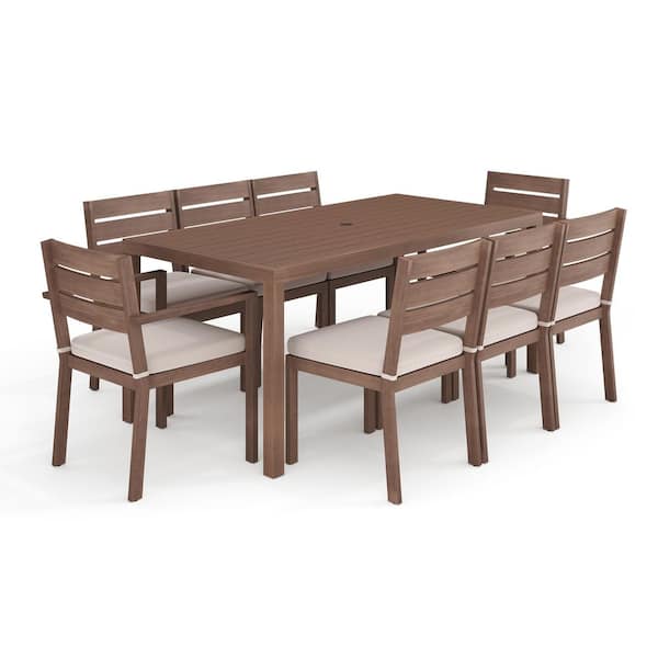 Bedford Brown Brushed Woodgrain Aluminum Indoor-Outdoor Patio Set with 70 in. Table and 8 Dining Chairs