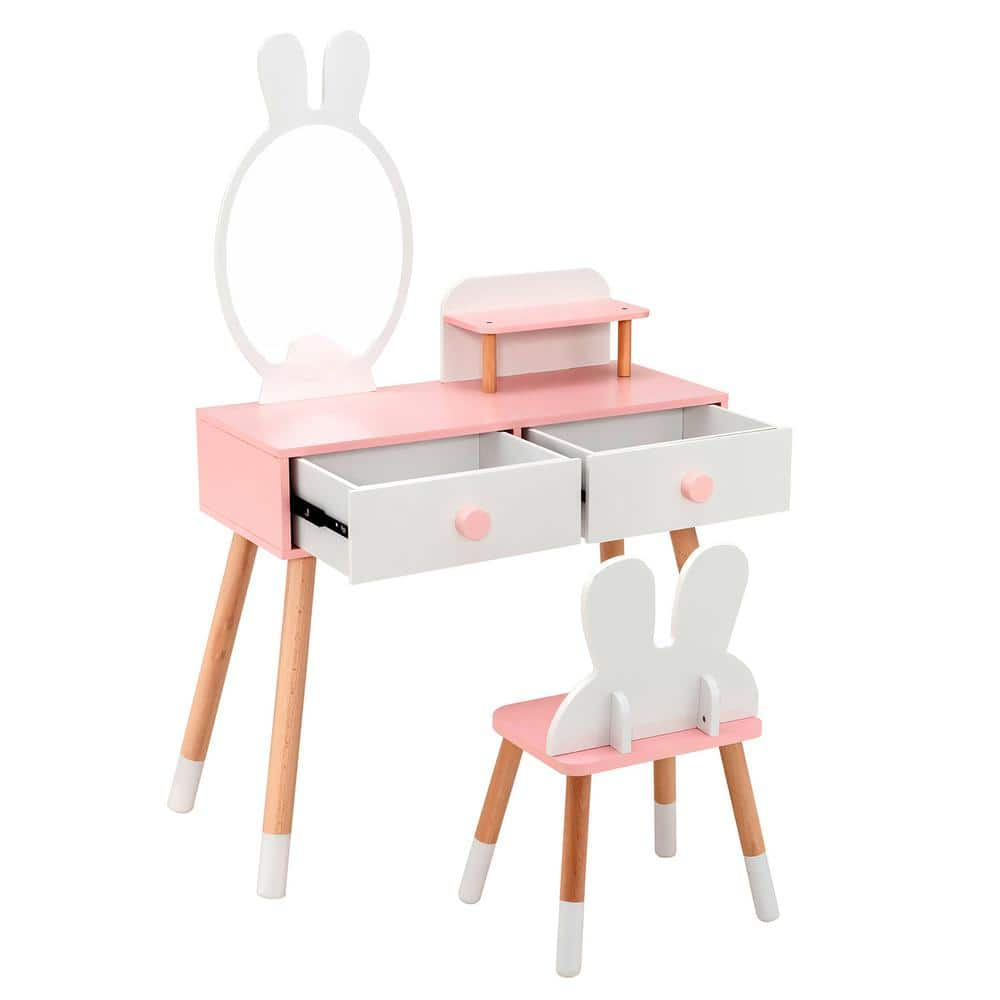 Kid Vanity Set Makeup Table Stool with 2-Drawers Shelf Wood Leg Rabbit Mirror White Chest of Drawers -  Gymax, GYM10442