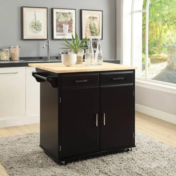 Usl Townville Black Kitchen Cart With Natural Wood Top Sk19251a Bk The Home Depot