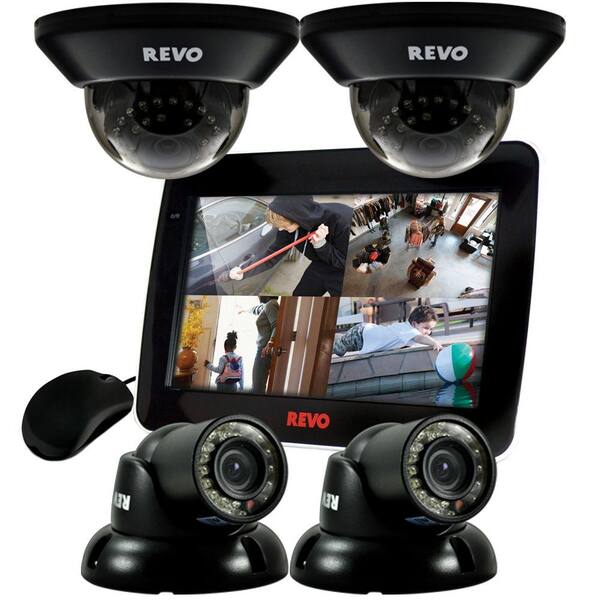 Revo 4 CH 1TB DVR Surveillance System with 10.5 in. Built-in Monitor and (4) 700TVL 100 ft. Night Vision Cameras
