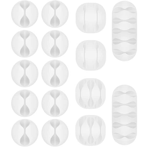 16-Piece White Adhesive Cable Clip Cord Organizer Set with Multiple Hole Sizes for Home, Office, Car