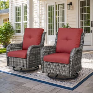 7-Piece Gray Wicker Fire Pit Conversation Set with Olefin Red Cushions and 4 Swivel Glider Chairs and Side Tables