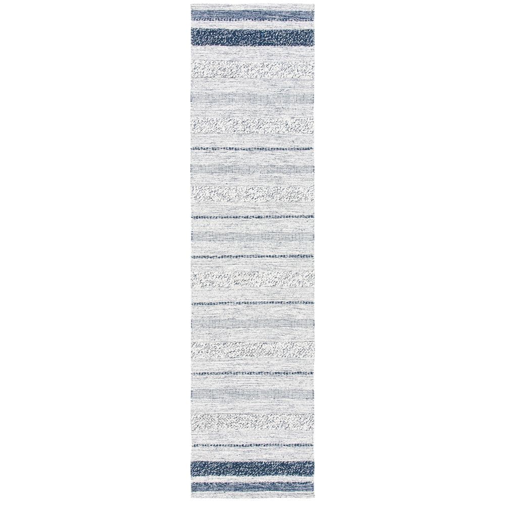 Ivory and Navy Striped Kilim 4' x 6' Wool Cotton Area Rug