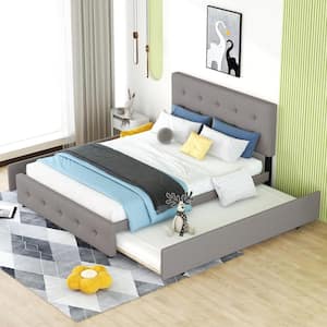 64 in. W Light Grey Queen Size Upholstered Platform Bed with 4 Drawers and a Twin XL Trundle, Wood Platform Bed Frame