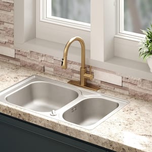 High-Arc Single Handle Pull Down and Pull Out Sprayer Kitchen Faucet with Deckplate and Gooseneck Swivel Spout in Gold