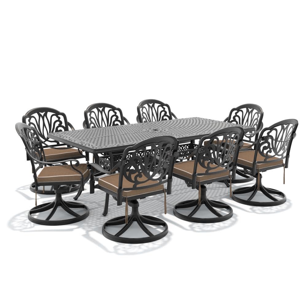 Black 9-Piece Cast aluminum Rectangle Outdoor Dining Set with Brown Cushion Patio Furniture Set with Swivel Dining Chair