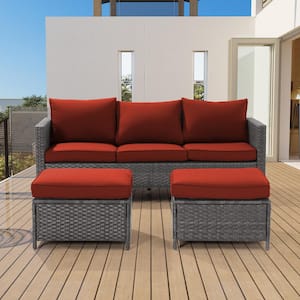 3-Piece Grey Rattan Patio Sofa Set Outdoor Furniture Set 3-Seat Sofa Ottomans With Cushions, Rust Red