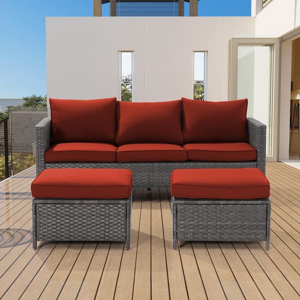 3-Piece Grey Rattan Patio Sofa Set Outdoor Furniture Set 3-Seat Sofa Ottomans With Cushions, Rust Red