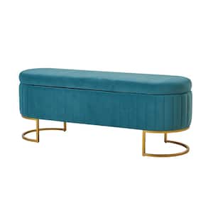 Olga Teal 50 in. Wide Modern Upholstered Storage Bench with Golden Metal Sled Legs