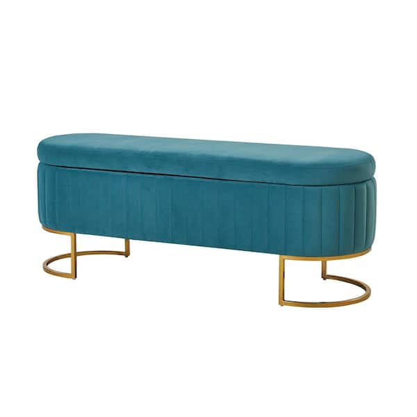 JAYDEN CREATION Olga Teal 50 in. Wide Modern Upholstered Storage Bench with Golden Metal Sled Legs