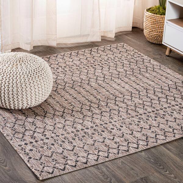 JONATHAN Y Ourika Moroccan Geometric Textured Weave Natural/Black 8 ft. x 8 ft. Indoor/Outdoor Area Rug