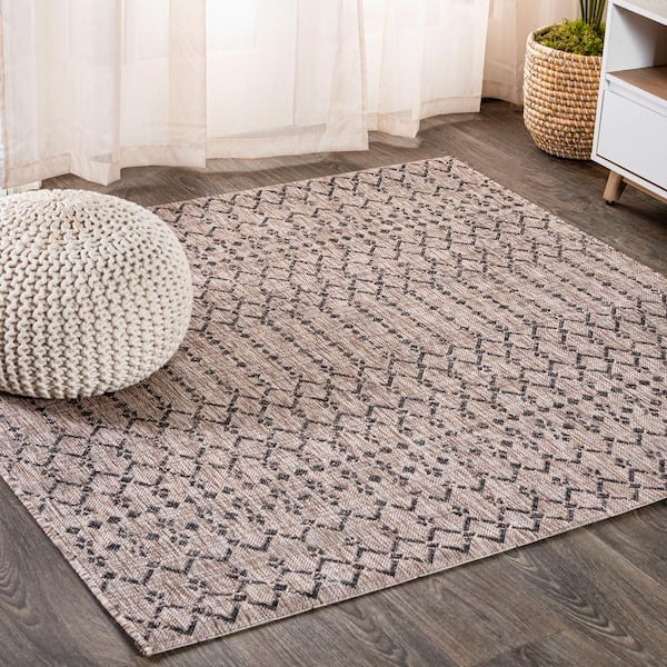 Natural/Black 5 ft. Square Ourika Moroccan Geometric Textured Weave Indoor/Outdoor Area Rug