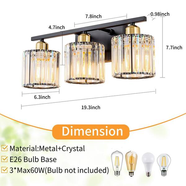 TinHon 19 in. 3-Light Black and Gold Bathroom Vanity Light with