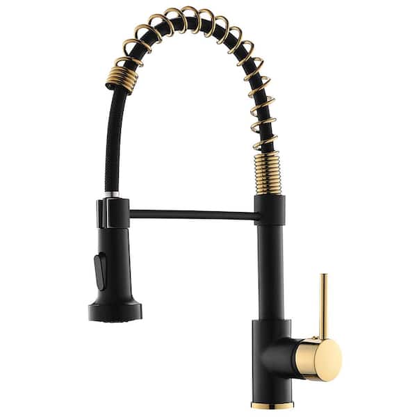 Staykiwi Single Handle High Arc Pull Out Sprayer Kitchen Faucet in Black and Gold