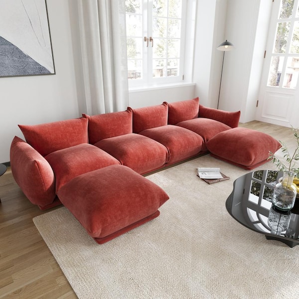130.7 in. Square Arm 6-Piece Chenille U Shaped Modular Free Combination Sectional Sofa with Ottoman in Orange