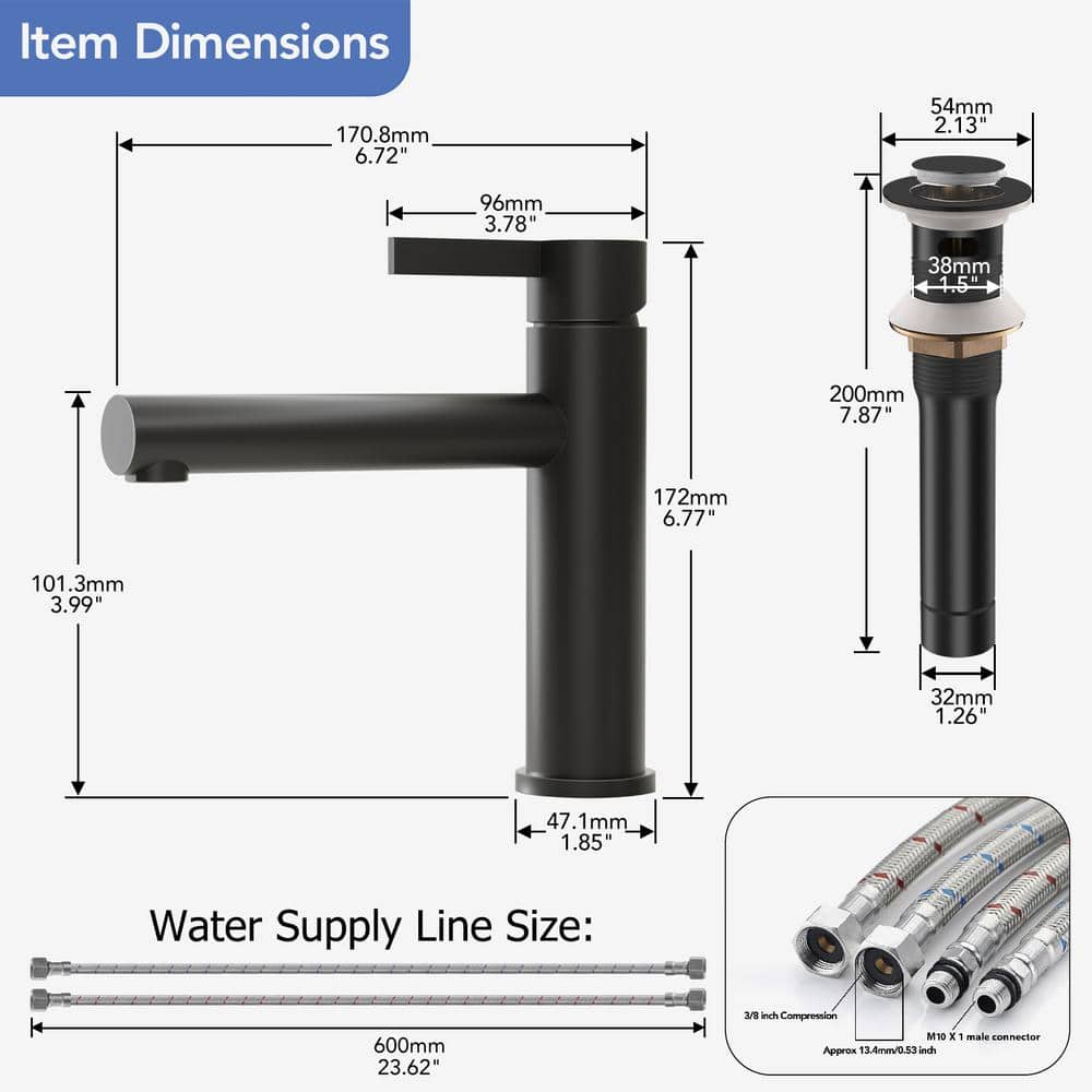 Matte Black Single Handle Bathroom Faucet with Drain Assembly