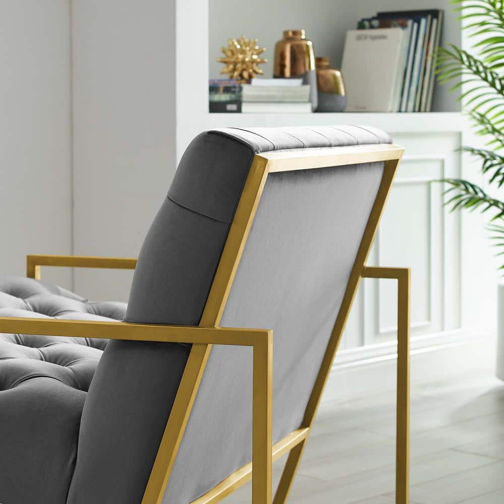Gray Velvet Tufted Accent Chair with Metal Frame