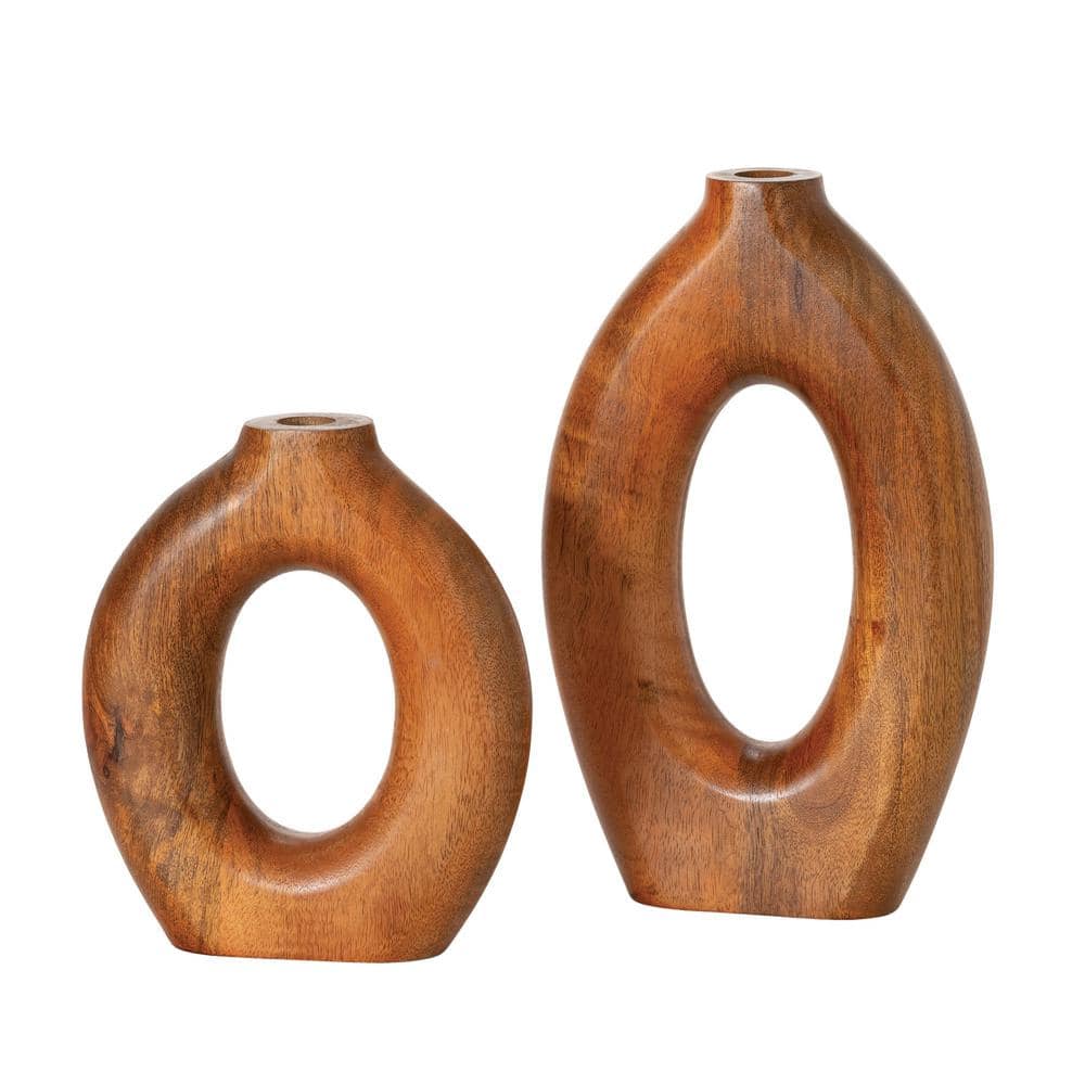 Set of Two Brown Mango Wood Hollow Oval Vases