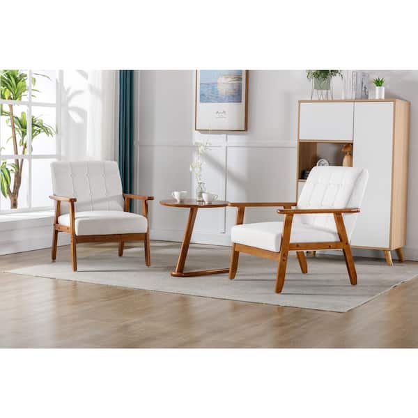 Zeus & Ruta 3-Piece Wood Outdoor Indoor Accent Chaise Lounge Chairs with 1 Side Table, Beige Cushions for Living Room, Bedroom