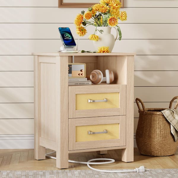 Rattan Nightstand with Charging Station, End Table with 2-Storage Drawers and 1-Open Shelf, for Bedroom, Natural
