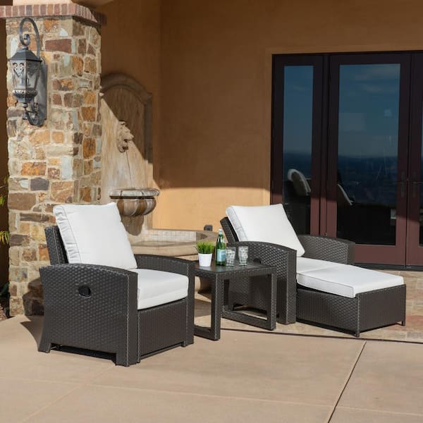 DIRECT WICKER Bill 3-Piece Brown Wicker Outdoor Chaise Recliner Set with Beige Cushions, Side Table