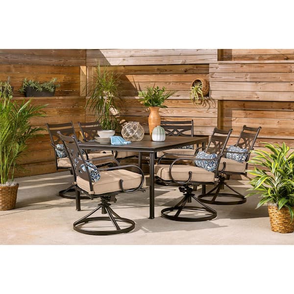 Hanover Montclair 7-Piece Steel Outdoor Dining Set with Country Cork Cushions Swivel Rockers and Dining Table