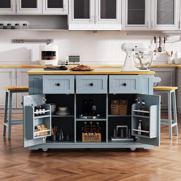 Staykiwi Grey-Blue MDF Kitchen Cart with 2 Bar Stools, Power Outlet, Door Internal Storage Rack and 5 Open Side Racks, 3 Drawers