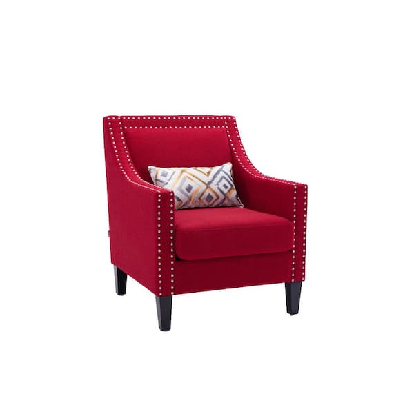 JASMODER Red Linen Accent Armchair with Nailhead Trim for Home or Office