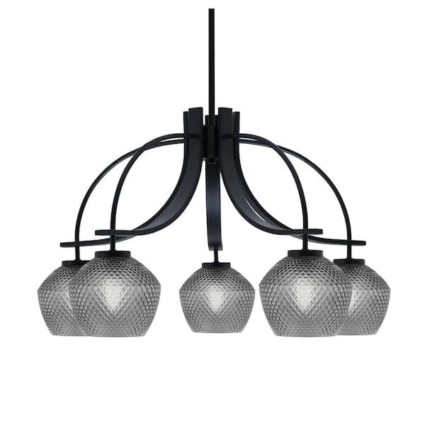 Unbranded Olympia 16.75 in. 5-Light Matte Black Downlight Chandelier Smoke Textured Glass Shade