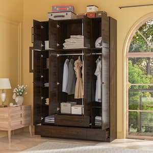 Brown Wood 59 in. W Shutter Doors Armoires Wardrobe with Drawers, Hanging Rod, Top Cabinets (94.5 in. H x 19 in. D)