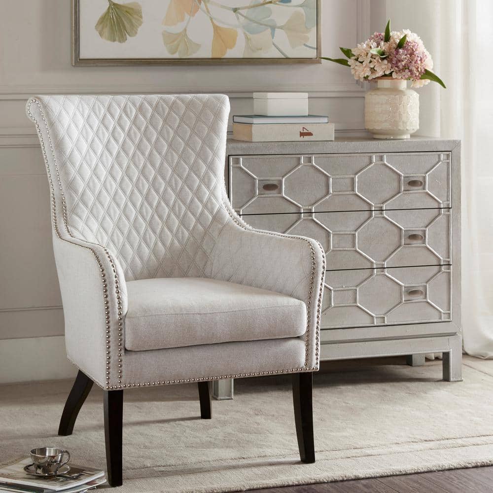 Moroccan Quilted Natural Wood Accent Chair with Silver Studs