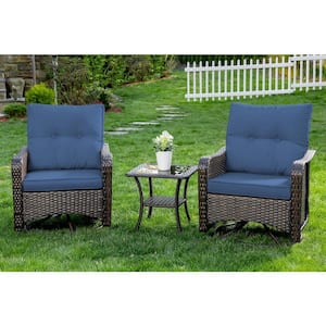 3-Piece Wicker Swivel Outdoor Rocking Chairs with Coffee Table and Cushion Navy Blue